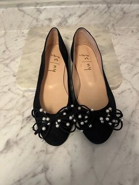 FS/NY Made in Italy Black Suede Pearl-Trim Ballet Flats